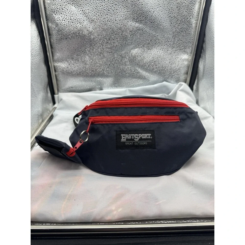 Vintage EastSport Great Outdoors Navy Blue & Red 2 Pocket Fanny Pack Key Clip